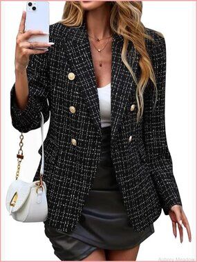 Plaid Tweed Blazer Long Sleeve Open Front Work Office Jacket